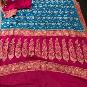 Vibrant Red and Blue Floral Saree